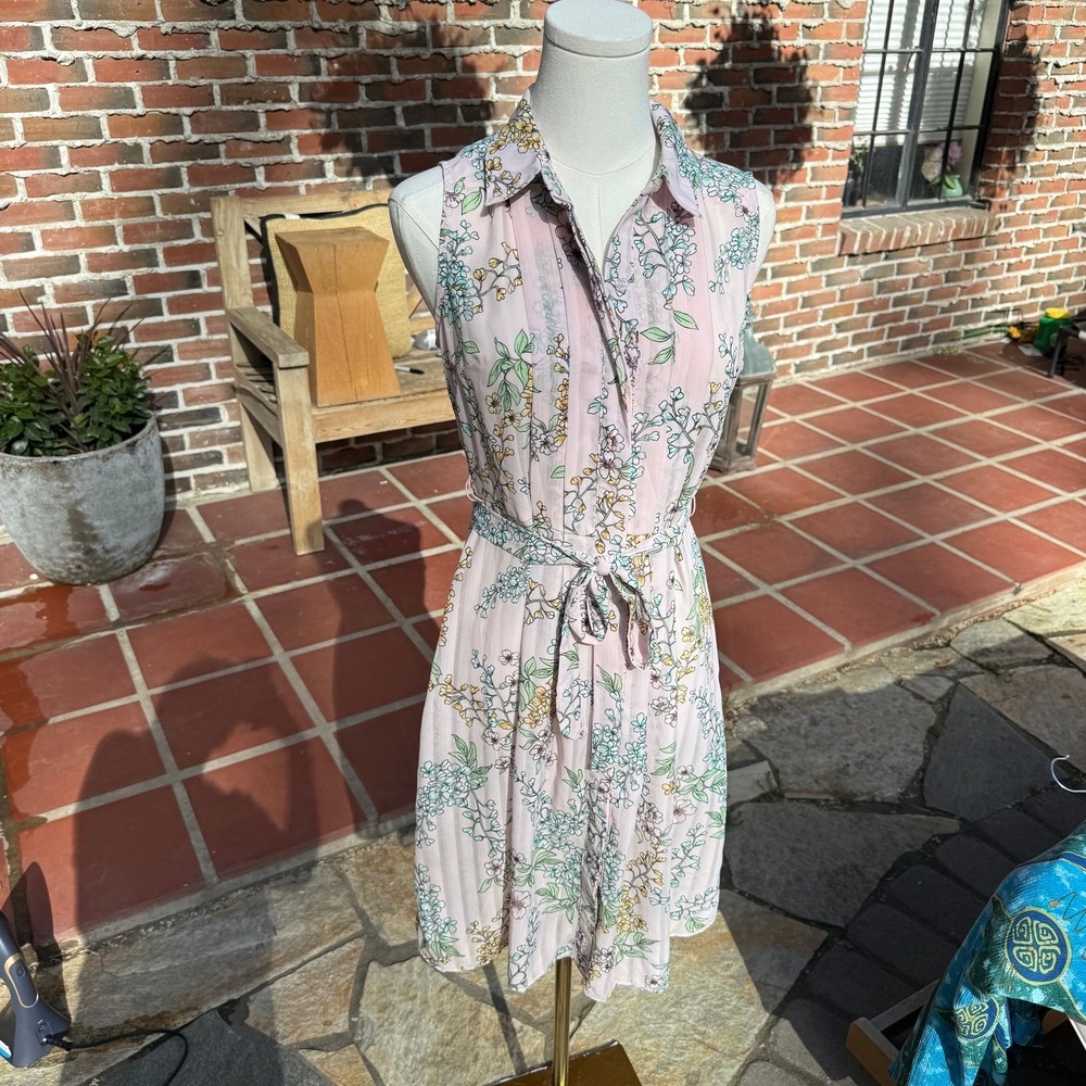 Nanette Lepore Pink Floral Stripe Sleeveless Shirt Dress Belted Womens Size 2